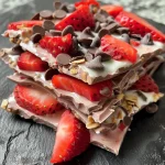 ['Close-up side view of strawberry-chocolate Greek yogurt bark with fresh strawberries and chocolate chips.', 'A delicious slice of Greek yogurt bark topped with strawberries and chocolate chips, styled neatly.', 'Juicy strawberry-chocolate Greek yogurt bark displayed on a plate, showcasing vibrant colors and textures.', 'A fresh piece of Greek yogurt bark featuring sliced strawberries and mini chocolate chips, captured from a side angle.']