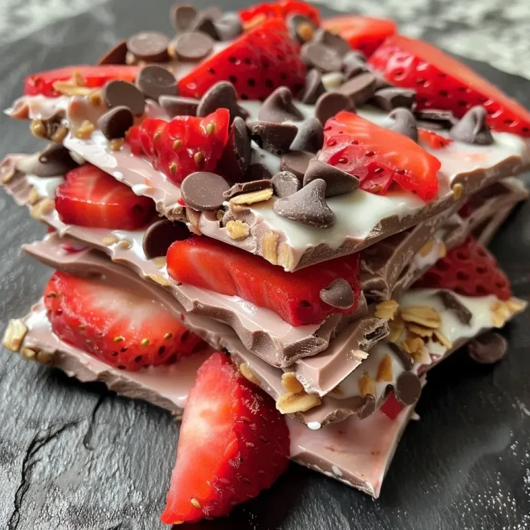 ['Close-up side view of strawberry-chocolate Greek yogurt bark with fresh strawberries and chocolate chips.', 'A delicious slice of Greek yogurt bark topped with strawberries and chocolate chips, styled neatly.', 'Juicy strawberry-chocolate Greek yogurt bark displayed on a plate, showcasing vibrant colors and textures.', 'A fresh piece of Greek yogurt bark featuring sliced strawberries and mini chocolate chips, captured from a side angle.']