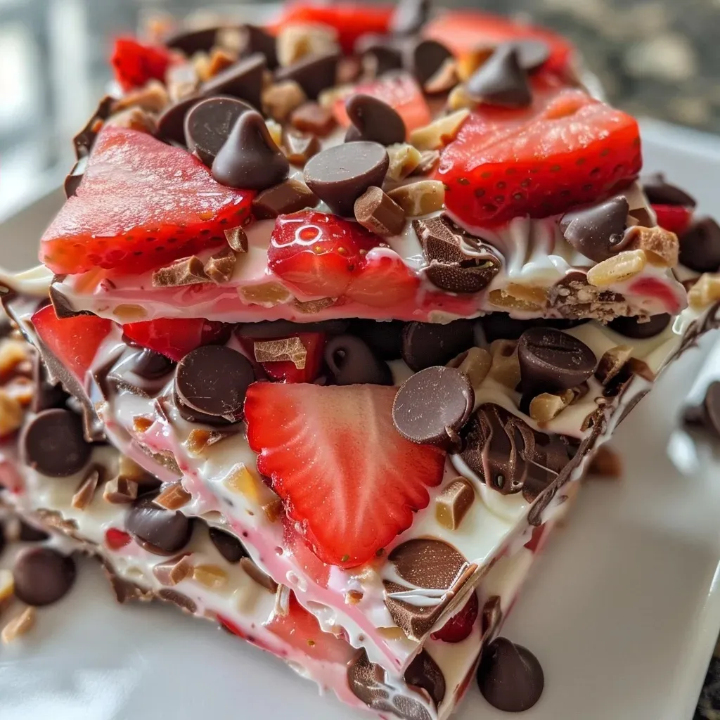 ['Close-up side view of strawberry-chocolate Greek yogurt bark with fresh strawberries and chocolate chips.', 'A delicious slice of Greek yogurt bark topped with strawberries and chocolate chips, styled neatly.', 'Juicy strawberry-chocolate Greek yogurt bark displayed on a plate, showcasing vibrant colors and textures.', 'A fresh piece of Greek yogurt bark featuring sliced strawberries and mini chocolate chips, captured from a side angle.']