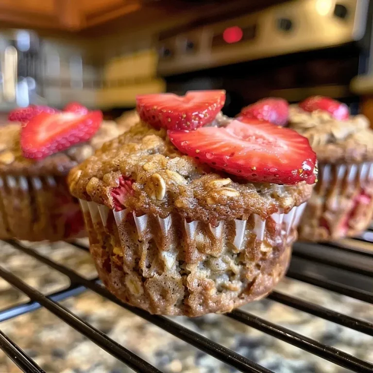 ['Close-up view of a delicious strawberry oatmeal muffin, showcasing its texture and strawberries.', 'Side view of a fluffy strawberry oatmeal muffin, highlighting the juicy fruit pieces.', 'Appetizing strawberry oatmeal muffin, revealing its moist interior and golden-brown exterior.', 'Detail of a fresh strawberry oatmeal muffin, emphasizing the oats and strawberries inside.']