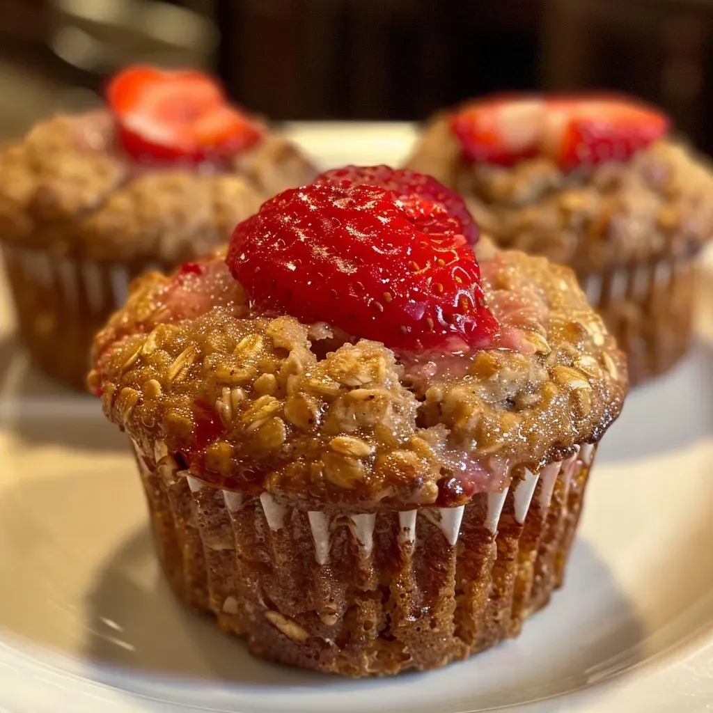 ['Close-up view of a delicious strawberry oatmeal muffin, showcasing its texture and strawberries.', 'Side view of a fluffy strawberry oatmeal muffin, highlighting the juicy fruit pieces.', 'Appetizing strawberry oatmeal muffin, revealing its moist interior and golden-brown exterior.', 'Detail of a fresh strawberry oatmeal muffin, emphasizing the oats and strawberries inside.']