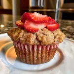 ['Close-up of moist strawberry protein muffins with a golden brown crust.', 'Side view of freshly baked strawberry protein muffins showcasing juicy strawberries.', 'Delicious strawberry protein muffins on a plate, highlighting their fluffy texture.', 'Appetizing shot of strawberry muffins with visible chunks of fresh strawberries.']