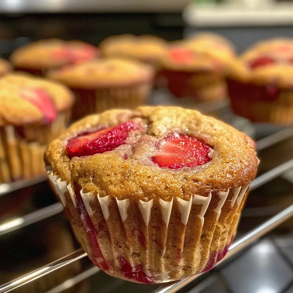 ['Close-up of moist strawberry protein muffins with a golden brown crust.', 'Side view of freshly baked strawberry protein muffins showcasing juicy strawberries.', 'Delicious strawberry protein muffins on a plate, highlighting their fluffy texture.', 'Appetizing shot of strawberry muffins with visible chunks of fresh strawberries.']