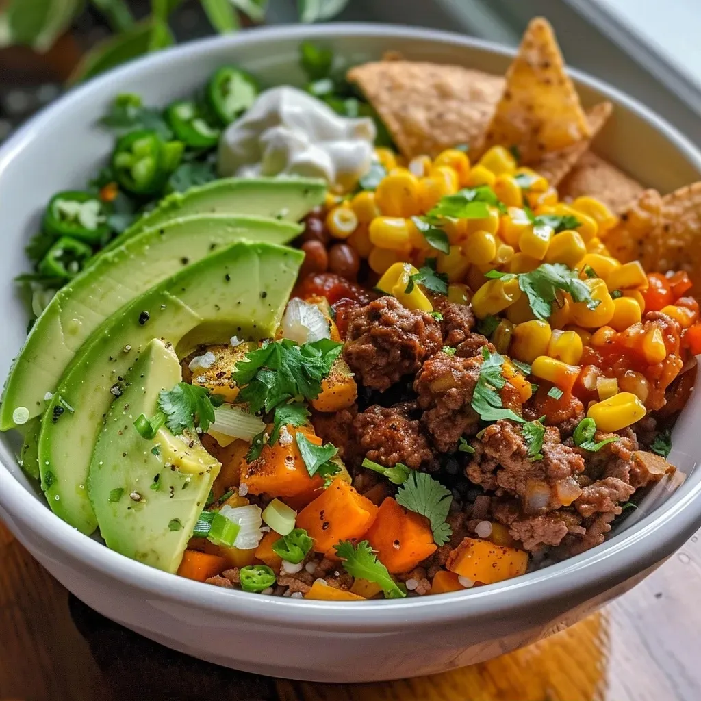 ['A close-up of a Street Corn Beef Bowl featuring colorful ingredients.', 'Side view of a tantalizing Street Corn Beef Bowl with fresh toppings.', 'Juicy beef and roasted corn in a vibrant Street Corn Beef Bowl.', 'A delicious Street Corn Beef Bowl showcasing layers of flavors and textures.']