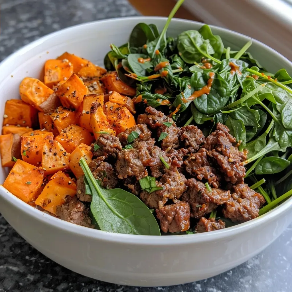 ['A close-up view of a colorful Sweet Potato Beef Bowl with vibrant ingredients.', 'Juicy beef and sweet potato mixture garnished with greens in a bowl.', 'Side view of a Sweet Potato Beef Bowl showcasing its hearty ingredients.', 'A delicious-looking Sweet Potato Beef Bowl filled with ground beef and spices.']