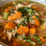 ['Close-up view of a steaming bowl of Sweet Potato Chicken Soup with colorful vegetables.', 'Delicious Sweet Potato Chicken Soup garnished with fresh parsley, showcasing its vibrant ingredients.', 'Side view of savory Sweet Potato Chicken Soup filled with diced chicken and vegetables, presented in a white bowl.', 'Aromatic Sweet Potato Chicken Soup with a rich broth, featuring chunks of sweet potato and carrots.']