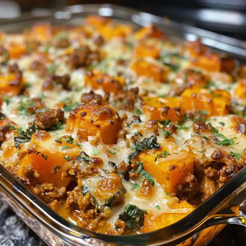 ['Close-up of a homemade Sweet Potato Ground Beef Casserole, showcasing layers of sweet potatoes and ground beef.', 'Side view of a delicious casserole dish filled with sweet potatoes, ground beef, and cheese, garnished with spinach.', 'Juicy Sweet Potato Ground Beef Casserole, highlighting the gooey cheese and diced sweet potatoes in a ceramic dish.', 'Vibrant image of a savory casserole, featuring ground beef, sweet potatoes, and melted cheese, ready to serve.']