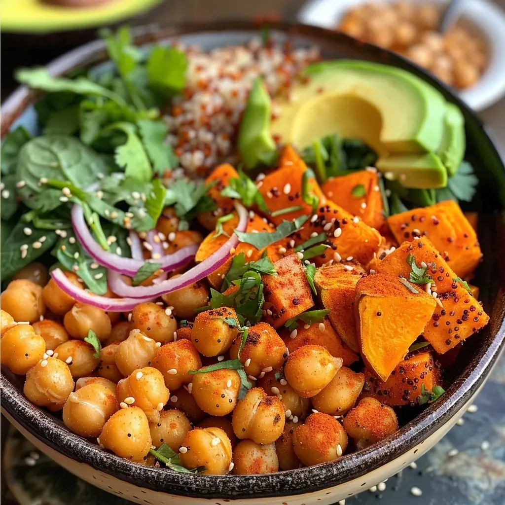 ['Close-up view of a vibrant Sweet Potato Quinoa Bowl drizzled with almond sauce, featuring colorful ingredients.', 'A delicious bowl filled with quinoa, sweet potato, chickpeas, and fresh spinach, topped with creamy almond sauce.', 'Side view of a healthy Sweet Potato Quinoa Bowl, showcasing layers of ingredients including avocado and hemp hearts.', 'Appetizing close-up of a Sweet Potato Quinoa Bowl with chickpeas, spinach, and a drizzle of almond butter sauce.']
