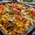 ['Close-up view of a delicious Taco Bake Casserole topped with avocado, diced tomatoes, and cilantro.', 'Side view of a juicy Taco Bake Casserole with layers of cheese, tortillas, and colorful toppings.', 'Appetizing Taco Bake Casserole showing ground meat, cheese, and vibrant toppings in a baking dish.', 'Detailed photo of a hearty Taco Bake Casserole with a golden cheesy crust and fresh toppings.']