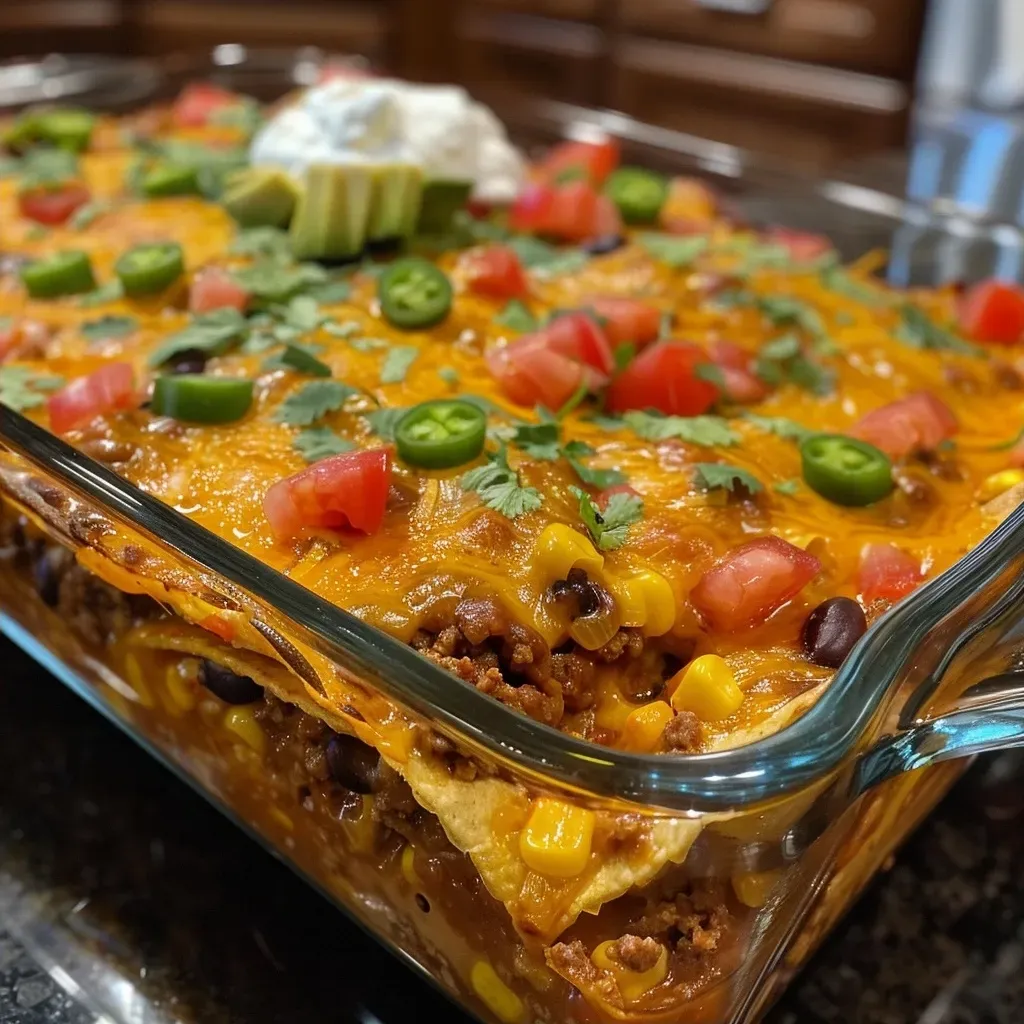 ['Close-up view of a delicious Taco Bake Casserole topped with avocado, diced tomatoes, and cilantro.', 'Side view of a juicy Taco Bake Casserole with layers of cheese, tortillas, and colorful toppings.', 'Appetizing Taco Bake Casserole showing ground meat, cheese, and vibrant toppings in a baking dish.', 'Detailed photo of a hearty Taco Bake Casserole with a golden cheesy crust and fresh toppings.']