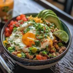 ['Close-up view of a colorful Taco Breakfast Bowl filled with eggs, cheese, and fresh toppings.', 'Side angle of a Taco Breakfast Bowl showcasing layers of ingredients like avocado, salsa, and spices.', 'Juicy Taco Breakfast Bowl loaded with scrambled eggs, black beans, and a sprinkle of cilantro.', 'Zoomed view of a Taco Breakfast Bowl displaying vibrant colors and textures of breakfast ingredients.']