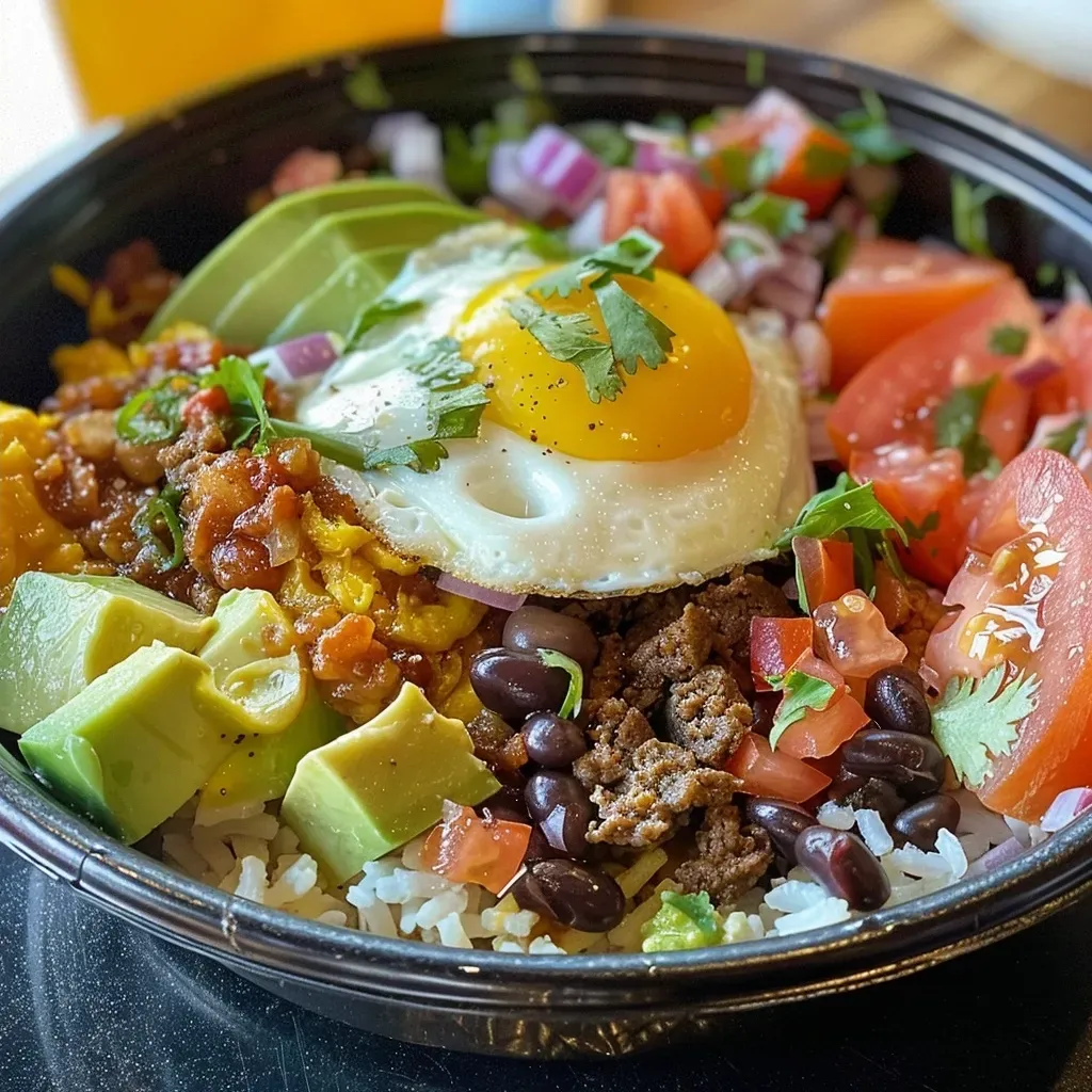 ['Close-up view of a colorful Taco Breakfast Bowl filled with eggs, cheese, and fresh toppings.', 'Side angle of a Taco Breakfast Bowl showcasing layers of ingredients like avocado, salsa, and spices.', 'Juicy Taco Breakfast Bowl loaded with scrambled eggs, black beans, and a sprinkle of cilantro.', 'Zoomed view of a Taco Breakfast Bowl displaying vibrant colors and textures of breakfast ingredients.']