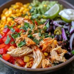 ['Close-up view of a vibrant Taco Chicken Salad with colorful ingredients.', 'Side perspective of a Taco Chicken Salad featuring shredded chicken and fresh vegetables.', 'Detailed image of Taco Chicken Salad showcasing red bell peppers, black beans, and corn.', 'Juicy Taco Chicken Salad displayed with a creamy dressing and garnished with cilantro.']