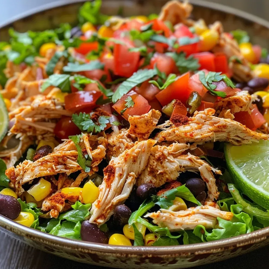 ['Close-up view of a vibrant Taco Chicken Salad with colorful ingredients.', 'Side perspective of a Taco Chicken Salad featuring shredded chicken and fresh vegetables.', 'Detailed image of Taco Chicken Salad showcasing red bell peppers, black beans, and corn.', 'Juicy Taco Chicken Salad displayed with a creamy dressing and garnished with cilantro.']