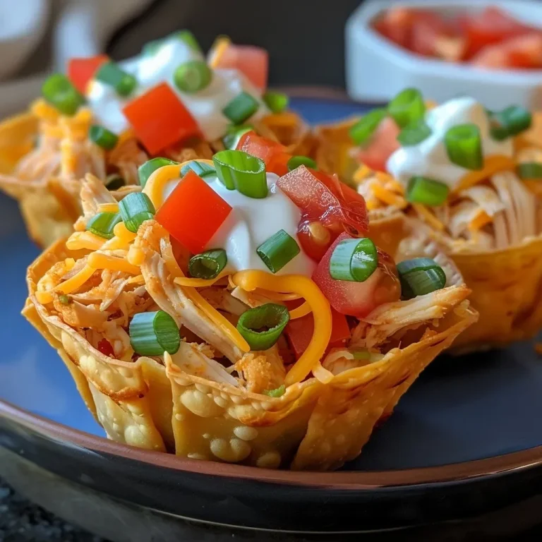 ['Close-up view of crispy taco cups filled with shredded chicken and melted cheese.', 'Juicy taco cups with chicken and cheese displayed on a plate, garnished with green onions and tomatoes.', 'Side view of beautifully arranged taco cups containing chicken, topped with cheddar cheese and salsa.', 'Delicious taco cups in a baking dish, filled with shredded chicken and cheese, ready to serve.']