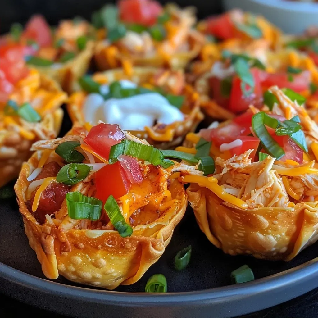 ['Close-up view of crispy taco cups filled with shredded chicken and melted cheese.', 'Juicy taco cups with chicken and cheese displayed on a plate, garnished with green onions and tomatoes.', 'Side view of beautifully arranged taco cups containing chicken, topped with cheddar cheese and salsa.', 'Delicious taco cups in a baking dish, filled with shredded chicken and cheese, ready to serve.']