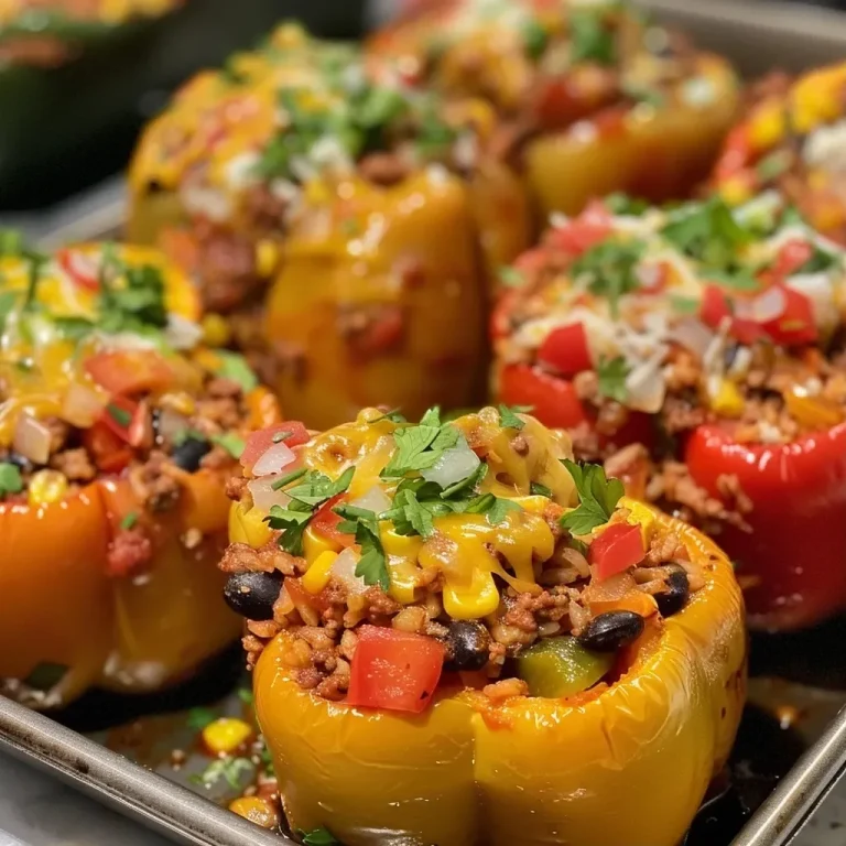 ['Close-up of taco stuffed peppers with melted cheese on top.', 'Colorful bell peppers filled with seasoned ground beef and beans.', 'Juicy taco stuffed peppers arranged on a plate, showcasing vibrant colors.', 'Side view of stuffed peppers overflowing with taco ingredients.']