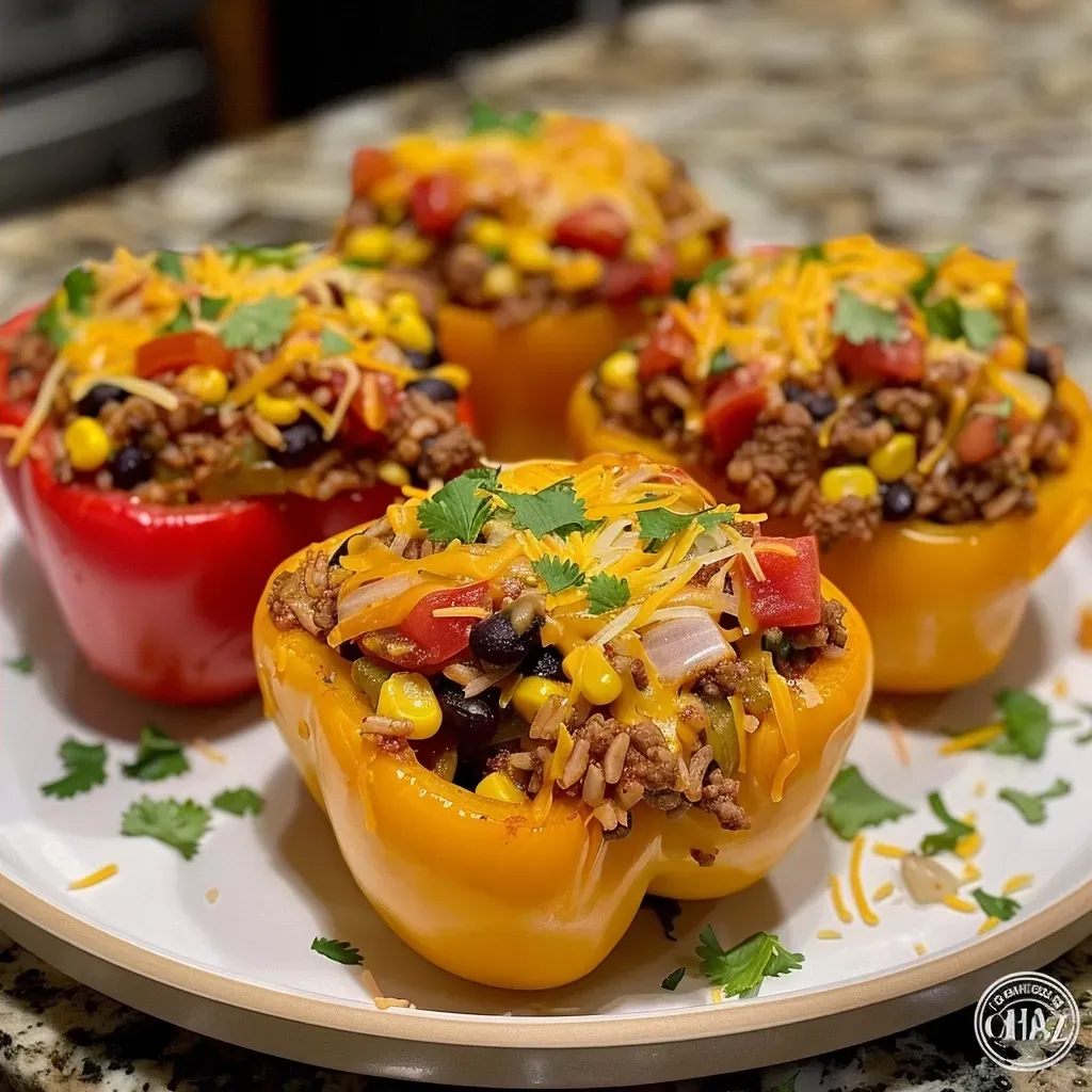 ['Close-up of taco stuffed peppers with melted cheese on top.', 'Colorful bell peppers filled with seasoned ground beef and beans.', 'Juicy taco stuffed peppers arranged on a plate, showcasing vibrant colors.', 'Side view of stuffed peppers overflowing with taco ingredients.']