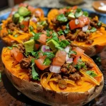 ['Side view of Taco Stuffed Sweet Potatoes topped with diced tomatoes and avocado.', 'Close-up of a delicious Taco Stuffed Sweet Potato garnished with cheese and sour cream.', 'Colorful plate featuring Taco Stuffed Sweet Potatoes filled with seasoned beef and salsa.', 'Juicy stuffed sweet potatoes layered with taco filling and fresh toppings.']
