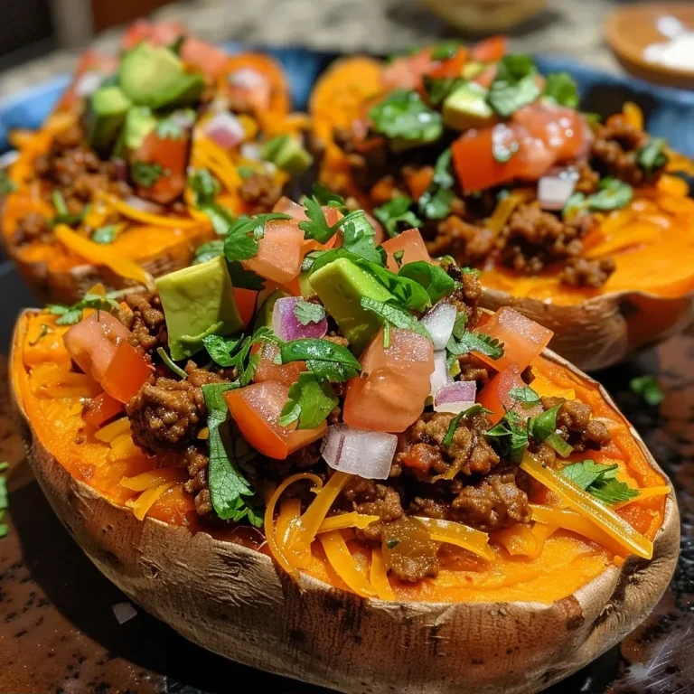 ['Side view of Taco Stuffed Sweet Potatoes topped with diced tomatoes and avocado.', 'Close-up of a delicious Taco Stuffed Sweet Potato garnished with cheese and sour cream.', 'Colorful plate featuring Taco Stuffed Sweet Potatoes filled with seasoned beef and salsa.', 'Juicy stuffed sweet potatoes layered with taco filling and fresh toppings.']