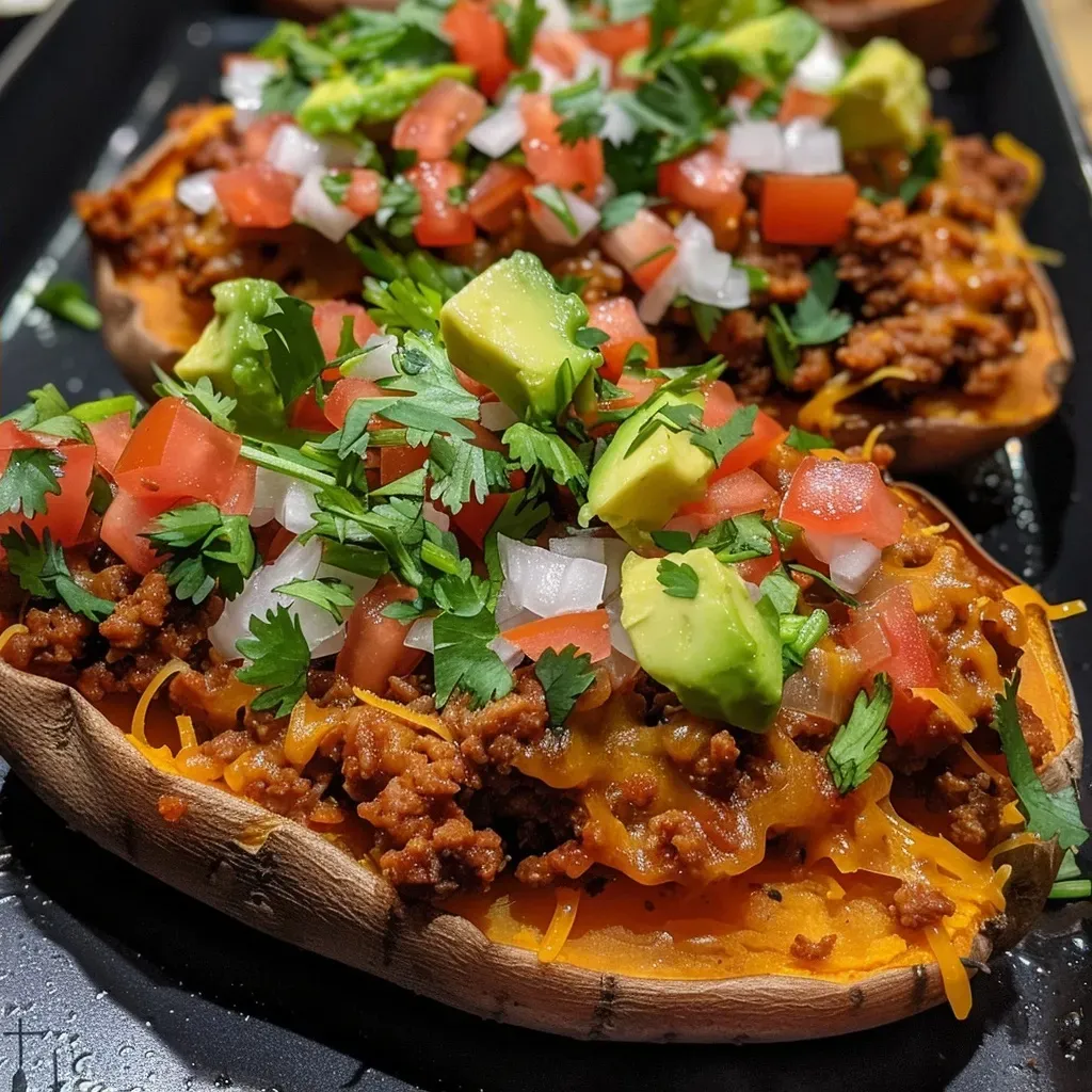 ['Side view of Taco Stuffed Sweet Potatoes topped with diced tomatoes and avocado.', 'Close-up of a delicious Taco Stuffed Sweet Potato garnished with cheese and sour cream.', 'Colorful plate featuring Taco Stuffed Sweet Potatoes filled with seasoned beef and salsa.', 'Juicy stuffed sweet potatoes layered with taco filling and fresh toppings.']