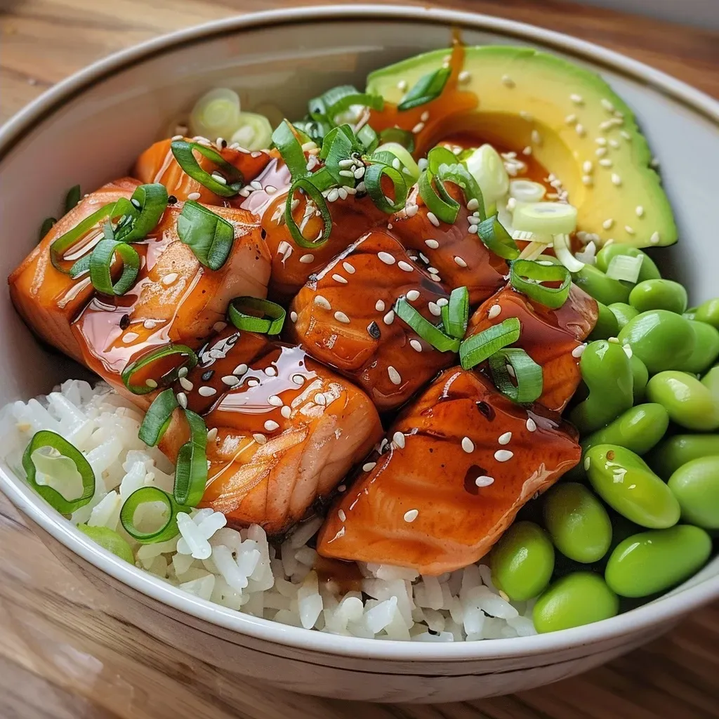['A vibrant Teriyaki Salmon Bowl featuring chunks of salmon, rice, green edamame, and sliced avocado.', 'Close-up view of a Teriyaki Salmon Bowl with colorful ingredients including salmon, rice, and garnishes.', 'A delicious Teriyaki Salmon Bowl showcasing salmon filets, rice, and fresh vegetables, displayed from the side.', 'Side view of a Teriyaki Salmon Bowl filled with juicy salmon chunks, rice, and topped with scallions and sesame seeds.']