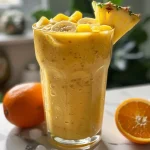 ['Close-up view of a vibrant Tropical Sunrise Smoothie in a glass with a straw.', 'Side angle of a colorful smoothie filled with pineapple, banana, and orange juice.', 'Detailed shot of a fresh Tropical Sunrise Smoothie topped with ice and a straw.', 'Juicy Tropical Sunrise Smoothie in a glass, showing layers of yellow and orange colors.']