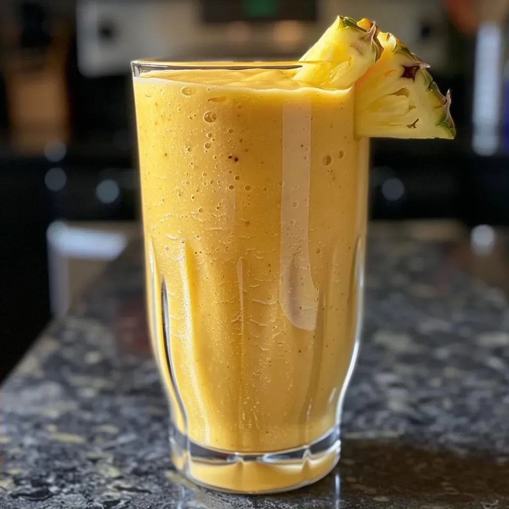 ['Close-up view of a vibrant Tropical Sunrise Smoothie in a glass with a straw.', 'Side angle of a colorful smoothie filled with pineapple, banana, and orange juice.', 'Detailed shot of a fresh Tropical Sunrise Smoothie topped with ice and a straw.', 'Juicy Tropical Sunrise Smoothie in a glass, showing layers of yellow and orange colors.']