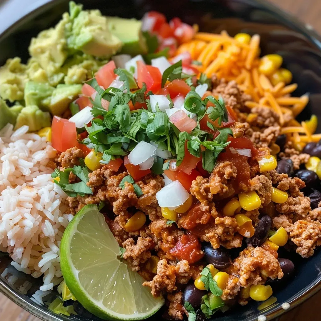 ['Close-up view of a vibrant Turkey Taco Burrito Bowl filled with colorful ingredients.', 'Side view of a hearty Turkey Taco Burrito Bowl showcasing various toppings and textures.', 'Detailed shot of a Turkey Taco Burrito Bowl featuring ground turkey, rice, and fresh garnishes.', 'Delicious Turkey Taco Burrito Bowl with layers of cooked turkey, beans, and fresh vegetables.']