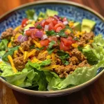 ['A colorful turkey taco salad featuring ground turkey, lettuce, tomatoes, and avocado.', 'A vibrant close-up of a turkey taco salad with fresh ingredients like black beans and corn.', 'Side view of a delicious turkey taco salad, showcasing toppings and textures in a bowl.', 'An appetizing shot of turkey taco salad filled with greens, veggies, and sliced avocado.']