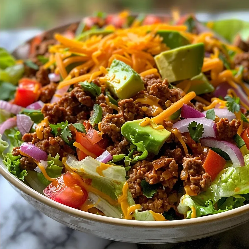 ['A colorful turkey taco salad featuring ground turkey, lettuce, tomatoes, and avocado.', 'A vibrant close-up of a turkey taco salad with fresh ingredients like black beans and corn.', 'Side view of a delicious turkey taco salad, showcasing toppings and textures in a bowl.', 'An appetizing shot of turkey taco salad filled with greens, veggies, and sliced avocado.']