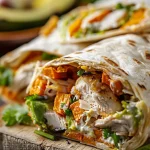['A close-up view of a Chicken and Sweet Potato Wrap, showcasing juicy chicken, sweet potatoes, and vibrant avocado.', 'Side view of a Chicken and Sweet Potato Wrap filled with colorful ingredients like chicken, avocado, and herbs.', 'A deliciously stuffed wrap featuring rotisserie chicken, sweet potato slices, and fresh cilantro.', 'Juicy Chicken and Sweet Potato Wrap with visible layers of ingredients, presented in a handheld format.']