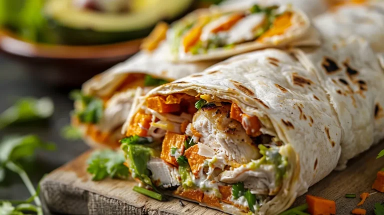 ['A close-up view of a Chicken and Sweet Potato Wrap, showcasing juicy chicken, sweet potatoes, and vibrant avocado.', 'Side view of a Chicken and Sweet Potato Wrap filled with colorful ingredients like chicken, avocado, and herbs.', 'A deliciously stuffed wrap featuring rotisserie chicken, sweet potato slices, and fresh cilantro.', 'Juicy Chicken and Sweet Potato Wrap with visible layers of ingredients, presented in a handheld format.']