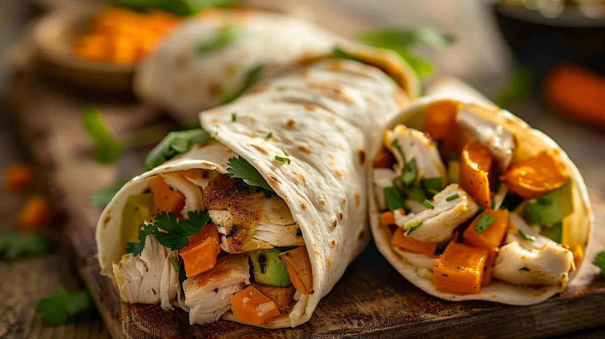 ['A close-up view of a Chicken and Sweet Potato Wrap, showcasing juicy chicken, sweet potatoes, and vibrant avocado.', 'Side view of a Chicken and Sweet Potato Wrap filled with colorful ingredients like chicken, avocado, and herbs.', 'A deliciously stuffed wrap featuring rotisserie chicken, sweet potato slices, and fresh cilantro.', 'Juicy Chicken and Sweet Potato Wrap with visible layers of ingredients, presented in a handheld format.']