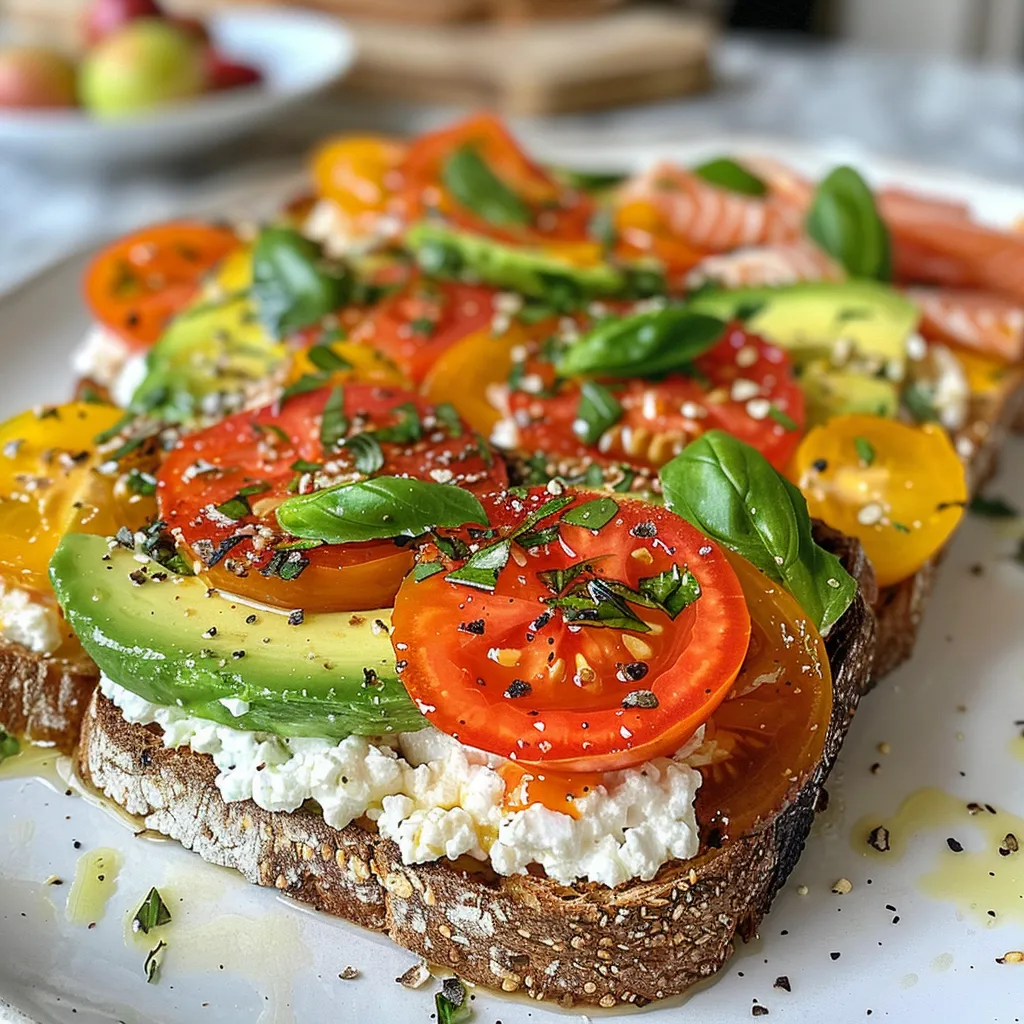 ['Close-up of Cottage Cheese Toast topped with heirloom tomatoes and avocado.', 'Side view of a colorful Cottage Cheese Toast with mixed toppings including basil and smoked salmon.', 'Detailed shot of Cottage Cheese Toast garnished with cherry tomatoes and dill on sourdough bread.', 'Rustic Cottage Cheese Toast loaded with fresh vegetables and herbs, showcasing layers of flavor.']