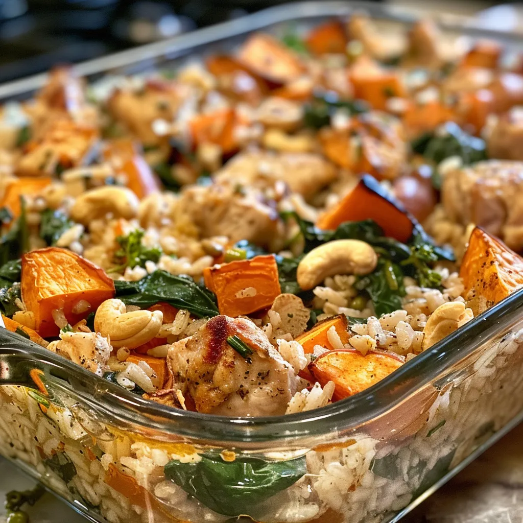 ['Close-up view of a delicious chicken and brown rice casserole with colorful sweet potatoes and spinach.', 'Side view of a high-protein chicken casserole, highlighting juicy chicken pieces and a creamy texture.', 'Detailed shot of a savory chicken and rice casserole, showcasing vibrant ingredients like spinach and miso.', 'Appetizing presentation of a chicken and brown rice dish with a golden crust and fresh vegetables.']