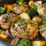 ['Close up of juicy garlic herb chicken with potatoes, broccoli, and red onion.', 'Side view of a plate featuring One-Pan Garlic Herb Chicken and colorful vegetables.', 'Juicy chicken breasts garnished with herbs, accompanied by roasted baby potatoes and broccoli.', 'A delicious one-pan meal displaying chicken, veggies, and vibrant seasonings.']