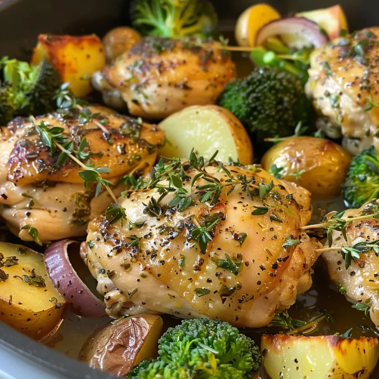 ['Close up of juicy garlic herb chicken with potatoes, broccoli, and red onion.', 'Side view of a plate featuring One-Pan Garlic Herb Chicken and colorful vegetables.', 'Juicy chicken breasts garnished with herbs, accompanied by roasted baby potatoes and broccoli.', 'A delicious one-pan meal displaying chicken, veggies, and vibrant seasonings.']