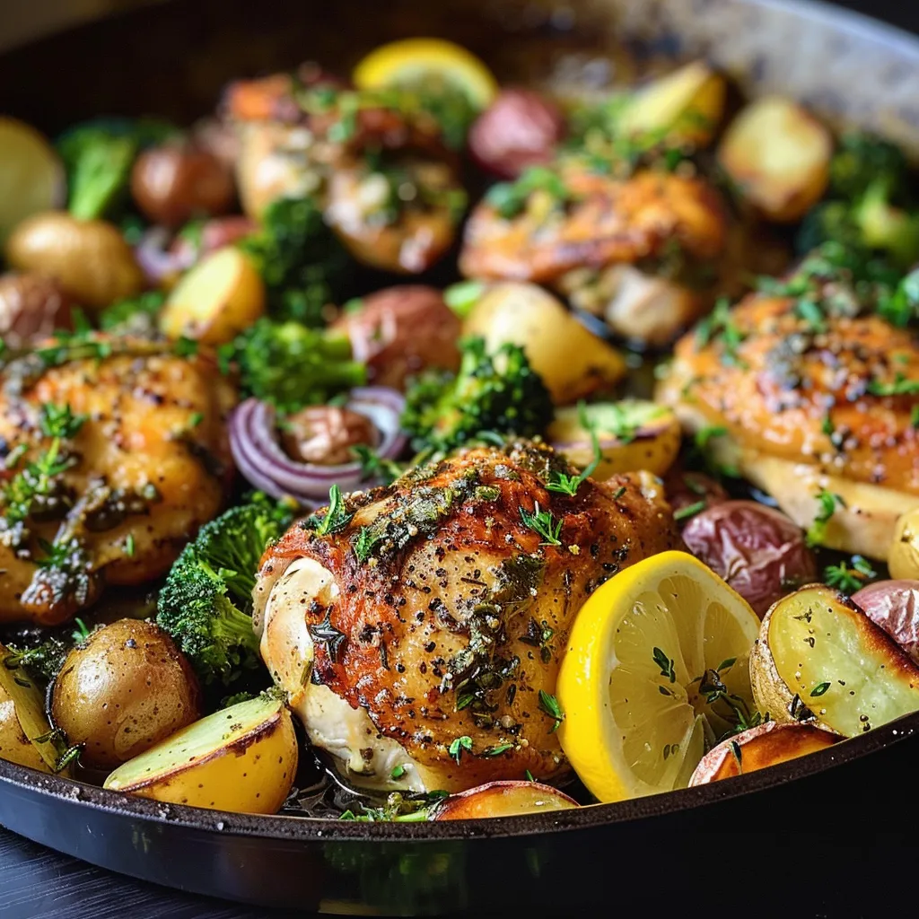 ['Close up of juicy garlic herb chicken with potatoes, broccoli, and red onion.', 'Side view of a plate featuring One-Pan Garlic Herb Chicken and colorful vegetables.', 'Juicy chicken breasts garnished with herbs, accompanied by roasted baby potatoes and broccoli.', 'A delicious one-pan meal displaying chicken, veggies, and vibrant seasonings.']