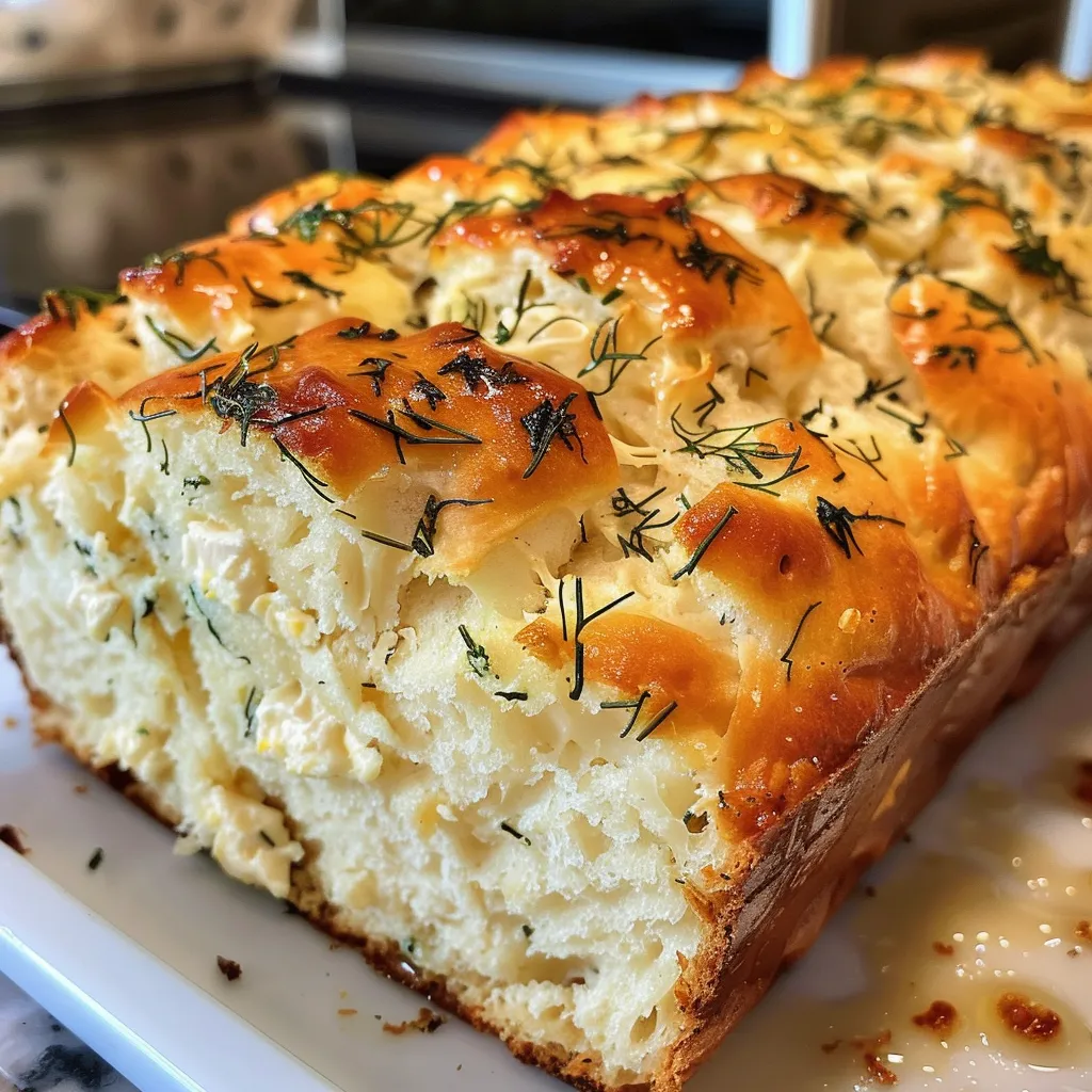 ['Close-up view of soft cottage cheese dill bread with a golden crust.', 'Side view of fluffy cottage cheese dill bread, showcasing its moist texture.', 'Juicy cottage cheese dill bread, highlighting the fresh dill and soft interior.', 'Detailed image of cottage cheese dill bread, emphasizing its inviting appearance.']