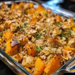 ['Close-up view of a hearty butternut squash casserole with chicken and wild rice, garnished with fresh thyme.', 'A vibrant butternut squash casserole featuring chunks of chicken, wild rice, and cranberries, displayed in a casserole dish.', 'Side view of a golden butternut squash casserole, showcasing layers of chicken, wild rice, and pecans.', 'Juicy butternut squash casserole with chicken and cranberries, served warm in a rustic dish.']