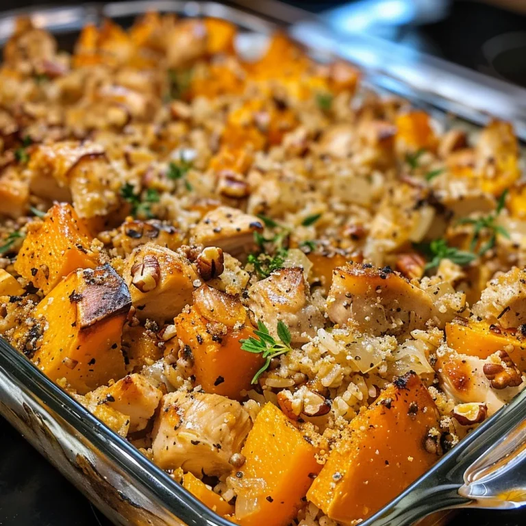 ['Close-up view of a hearty butternut squash casserole with chicken and wild rice, garnished with fresh thyme.', 'A vibrant butternut squash casserole featuring chunks of chicken, wild rice, and cranberries, displayed in a casserole dish.', 'Side view of a golden butternut squash casserole, showcasing layers of chicken, wild rice, and pecans.', 'Juicy butternut squash casserole with chicken and cranberries, served warm in a rustic dish.']