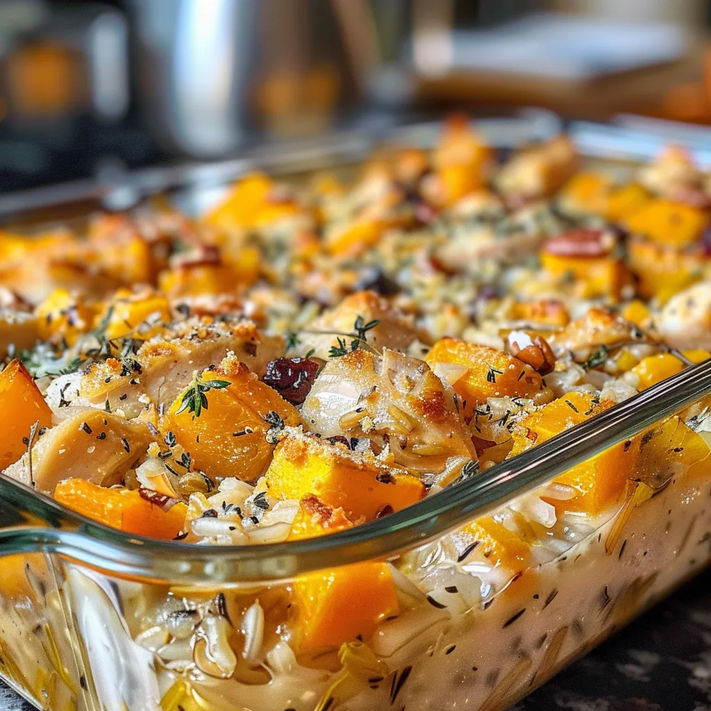 ['Close-up view of a hearty butternut squash casserole with chicken and wild rice, garnished with fresh thyme.', 'A vibrant butternut squash casserole featuring chunks of chicken, wild rice, and cranberries, displayed in a casserole dish.', 'Side view of a golden butternut squash casserole, showcasing layers of chicken, wild rice, and pecans.', 'Juicy butternut squash casserole with chicken and cranberries, served warm in a rustic dish.']