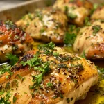 ['Juicy Garlic Herb Chicken meal prep with vibrant herbs and spices.', 'Close-up of seasoned chicken breasts arranged in meal prep containers.', 'Side view of Garlic Herb Chicken garnished with fresh parsley and thyme.', 'Colorful meal prep featuring tender chicken and fresh garlic.']