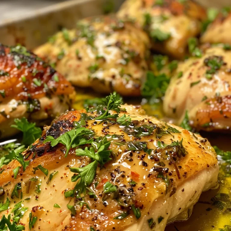 ['Juicy Garlic Herb Chicken meal prep with vibrant herbs and spices.', 'Close-up of seasoned chicken breasts arranged in meal prep containers.', 'Side view of Garlic Herb Chicken garnished with fresh parsley and thyme.', 'Colorful meal prep featuring tender chicken and fresh garlic.']