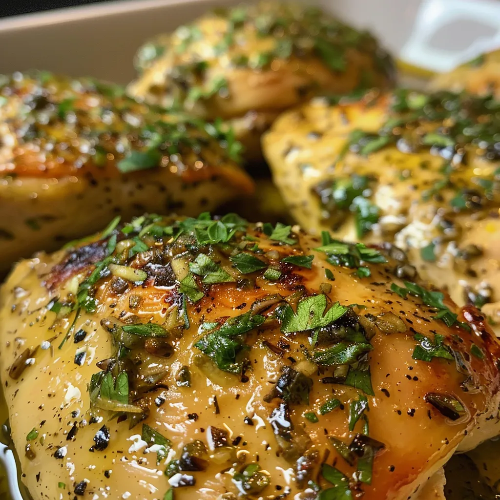['Juicy Garlic Herb Chicken meal prep with vibrant herbs and spices.', 'Close-up of seasoned chicken breasts arranged in meal prep containers.', 'Side view of Garlic Herb Chicken garnished with fresh parsley and thyme.', 'Colorful meal prep featuring tender chicken and fresh garlic.']