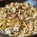 ['Close-up of creamy chicken pasta with a rich sauce and garnished with parsley.', 'A side view of linguine and chicken in a creamy sauce, topped with red pepper flakes.', 'Delicious creamy chicken pasta displayed on a plate, featuring herbs and spices.', 'A mouthwatering dish of linguine with juicy chicken pieces in a creamy sauce.']