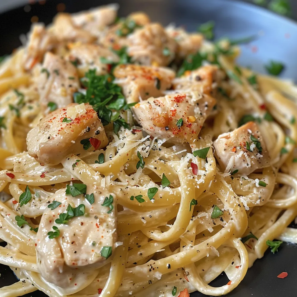 ['Close-up of creamy chicken pasta with a rich sauce and garnished with parsley.', 'A side view of linguine and chicken in a creamy sauce, topped with red pepper flakes.', 'Delicious creamy chicken pasta displayed on a plate, featuring herbs and spices.', 'A mouthwatering dish of linguine with juicy chicken pieces in a creamy sauce.']