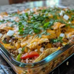 ['Close-up side view of a beef burrito casserole topped with melted cheese and fresh cilantro.', 'Juicy beef burrito casserole with layers of tortillas, ground beef, and cheese, garnished with lime.', 'Delicious beef burrito casserole showcasing a creamy texture and vibrant colors from fresh ingredients.', 'Mouthwatering beef burrito casserole captured from the side, highlighting its cheesy, layered goodness.']