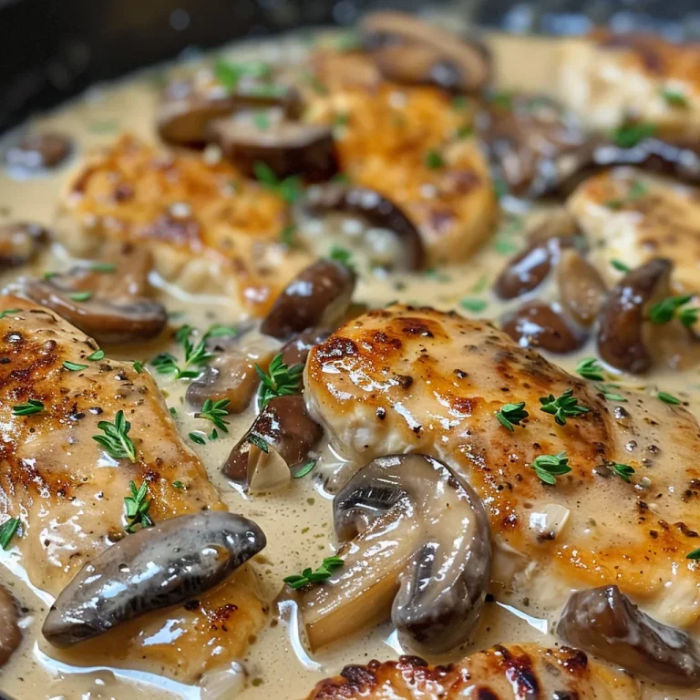 ['Close-up view of creamy chicken with mushrooms on a plate.', 'Side angle of tender chicken cutlets covered in creamy mushroom sauce.', 'Juicy chicken cutlets with sliced baby bella mushrooms in a rich sauce.', 'Detailed shot of creamy chicken and mushrooms, garnished with fresh thyme.']